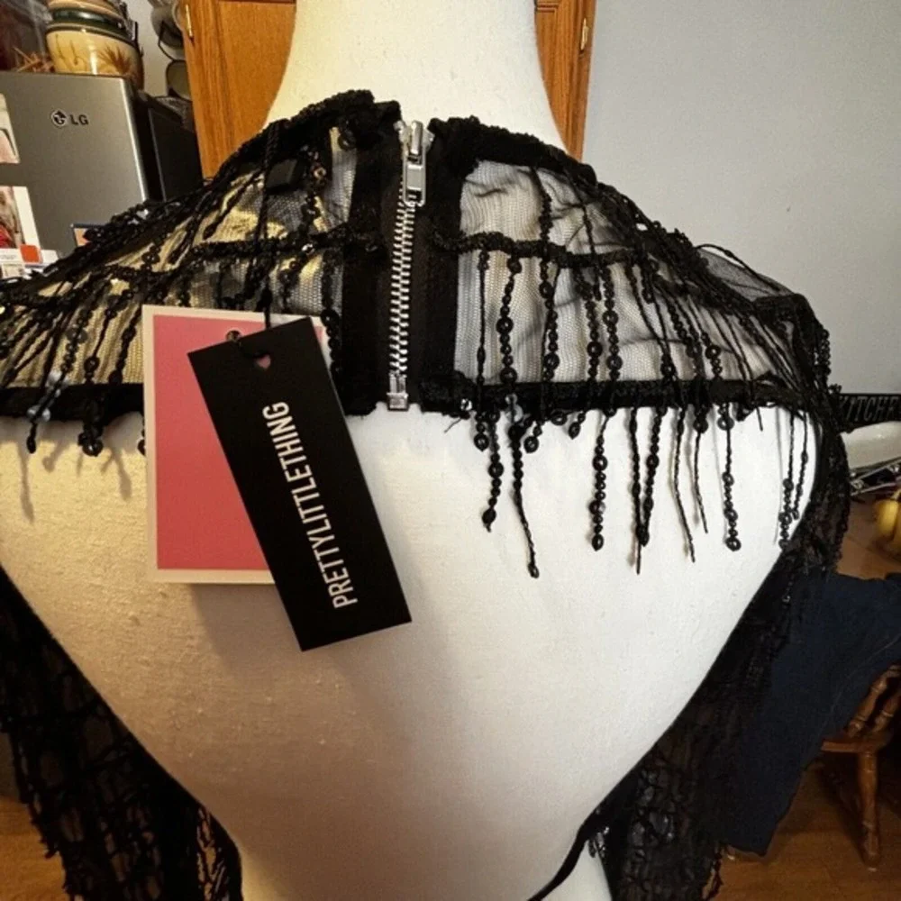 Pretty Little Thing Top Womens Size 4 Black Sequin Detail Cowl Neck Tie Back Top